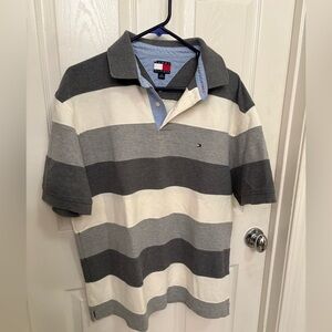Tommy Hilfiger Men's Polo Shirt - Black, Gray, and White Stripes size large